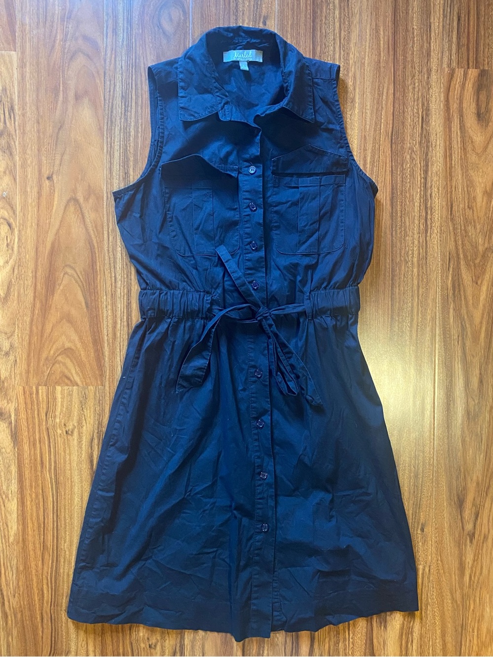 Marled Reunited Navy Sleeveless Cinched Belted Waist Shirt Dress small